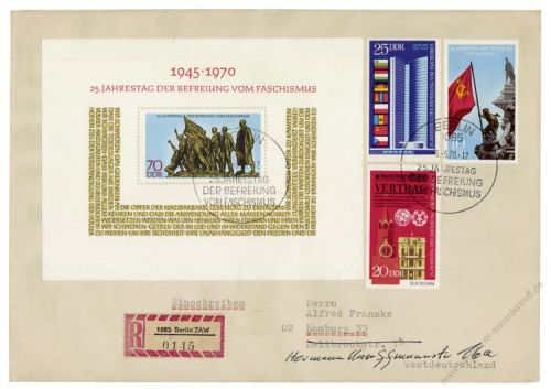 DDR 1970 FDC Mi-Nr. 1569-1571, 1572 (Block 32) SSt. 25. Jahrestag der Befreiung vom Faschismus